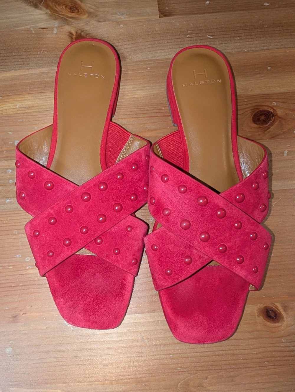 Halston Heritage Pink-Red Studded Suede Crisscross Slide Mules